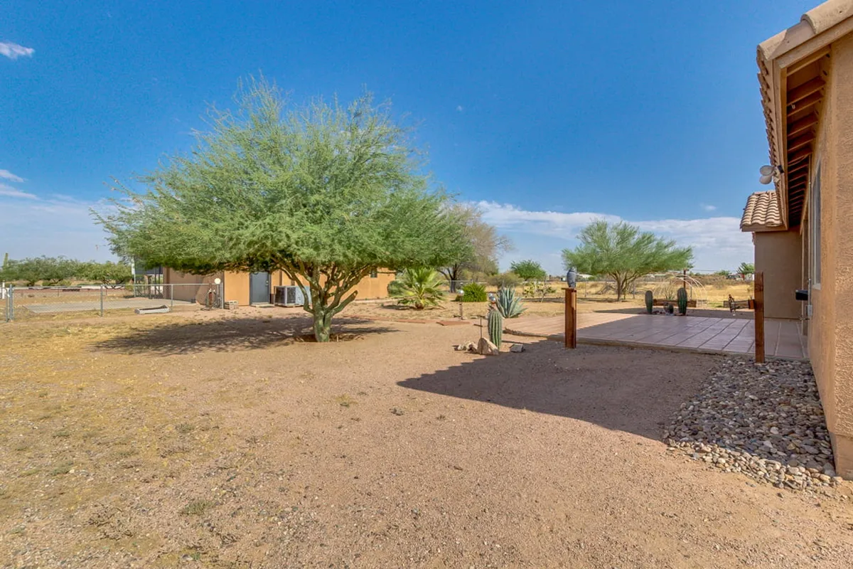 A scenic view of the house exterior surrounded by green trees, cacti, and desert landscape, with a welcoming patio visible. This tranquil outdoor setting highlights the blend of nature, privacy, and places to relax after a day of riding.